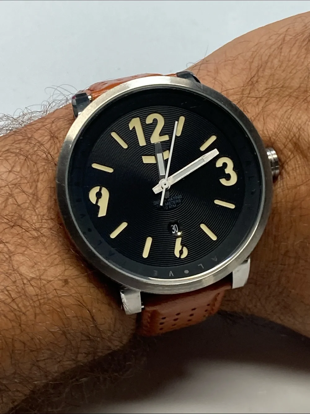 Vestal Men's Black Dial Watch with Brown Perforated Leather Strap, read